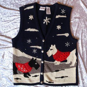 vtg Bobbie Brooks Navy Blue Winter  Christmas Terrier sweater vest
